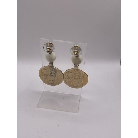 Gold & White Beaded Vintage Dangle Earrings With Textured Round Discs For Women - Picture 2 of 4